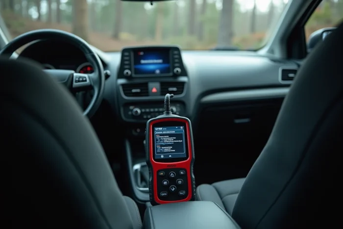 Valise de diagnostic OBD2 branchée sous le tableau de bord pour lire les codes défauts ESP ASR d'une voiture