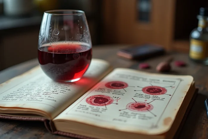 Verre de vin rouge posé à côté d'un carnet médical illustrant l'impact de l'alcool sur les globules rouges et le volume globulaire moyen